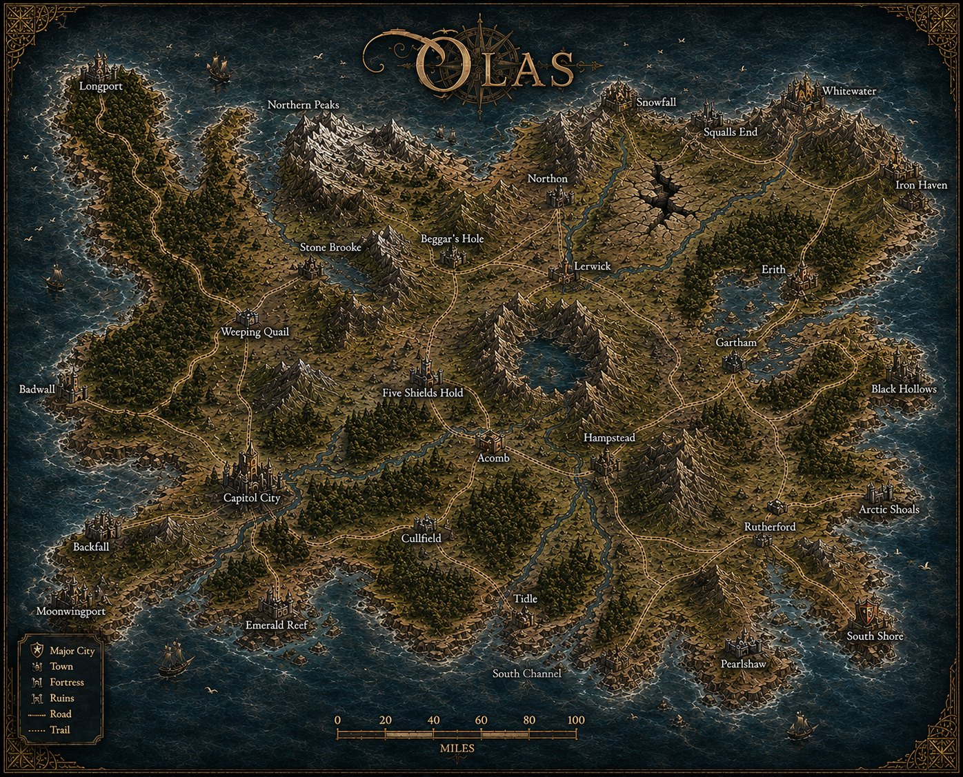 Map of Olas — the lands of the Five Shields and the Rodeam